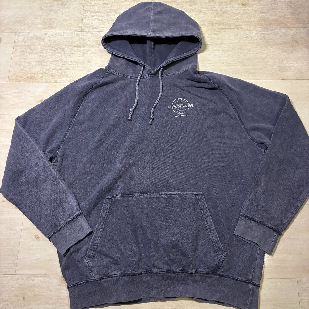 Pan Am Globe Raglan Vintage Pullover Hoodie Washed Charcoal-Style Finish Size XL
